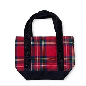 J CREW mini Plaid red Tote Bag - Red and Black Stewart tartan black sparkle